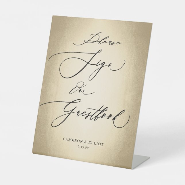 Calligraphy Script Gold Guestbook Wedding Pedestal Sign (Front)