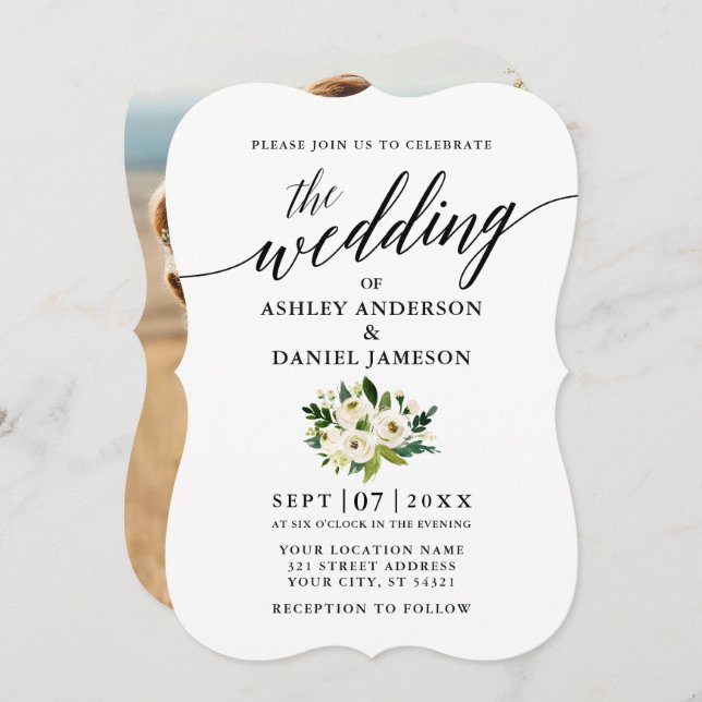 Calligraphy Script Green Floral Photo Wedding Invitation (Front/Back)