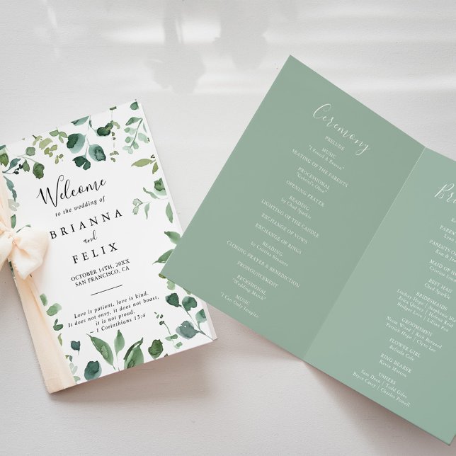 Calligraphy Script Green Foliage Folded Wedding Programme (Creator Uploaded)