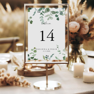 Calligraphy Script Green Foliage Wedding  Table Number