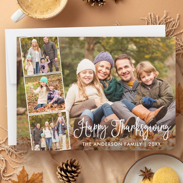 Calligraphy Script Happy Thanksgiving 4 Photo Holiday Card (Customize to add more text or photos to back of card.)