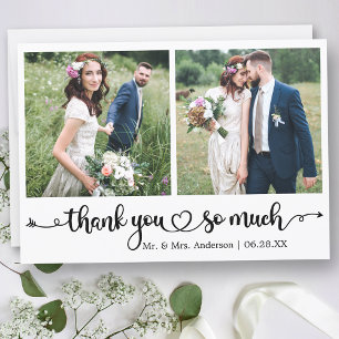 Calligraphy Script Heart 2 Photo Wedding Thank You Card