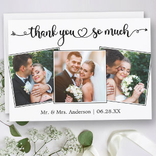 Calligraphy Script Heart 3 Photos Wedding Thank You Card