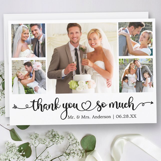 Calligraphy Script Heart 5 Photo Wedding Thank You Card (Customize to change your personalized text size or text style.)