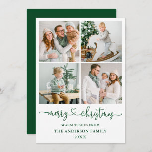 Calligraphy Script Heart Christmas 4 Photo Green Holiday Card