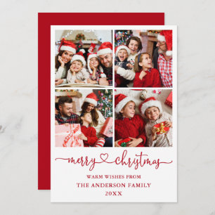 Calligraphy Script Heart Christmas 4 Photo Red Holiday Card