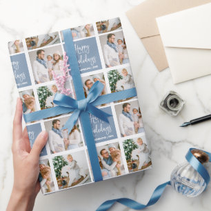 Calligraphy Script Holiday 3 Photo Dusty Blue Wrapping Paper