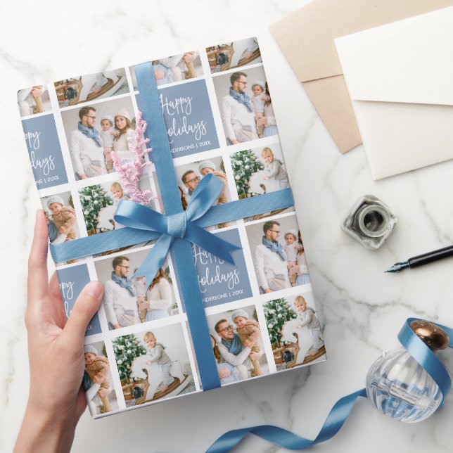 Calligraphy Script Holiday 3 Photo Dusty Blue Wrapping Paper (Gifting)