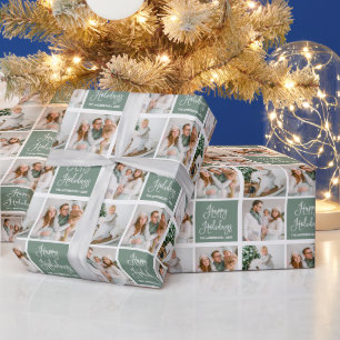 Calligraphy Script Holiday 3 Photo Sage Green Wrapping Paper