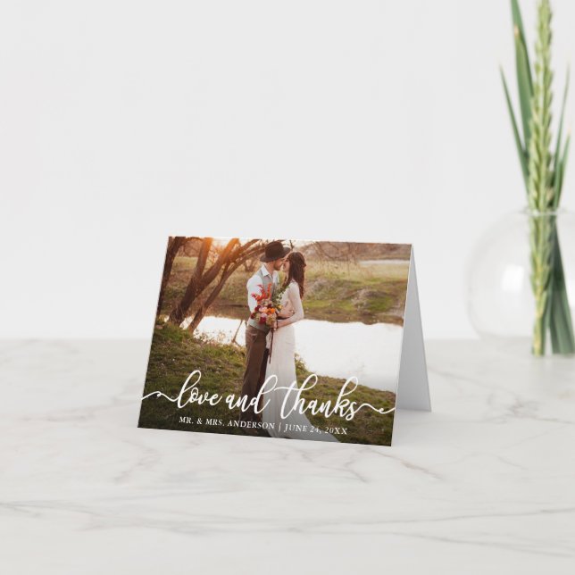 Calligraphy Script Love Thanks Wedding Photo Note Thank You Card (Front)