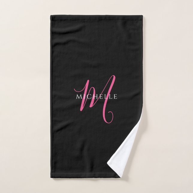 Calligraphy Script Monogram Name Black and Pink Hand Towel (Hand Towel)