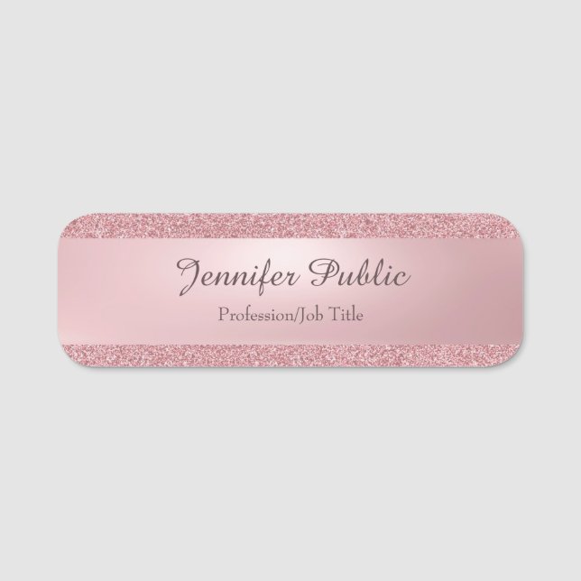 Calligraphy Script Name Rose Gold Glitter Elegant Tag (Front)