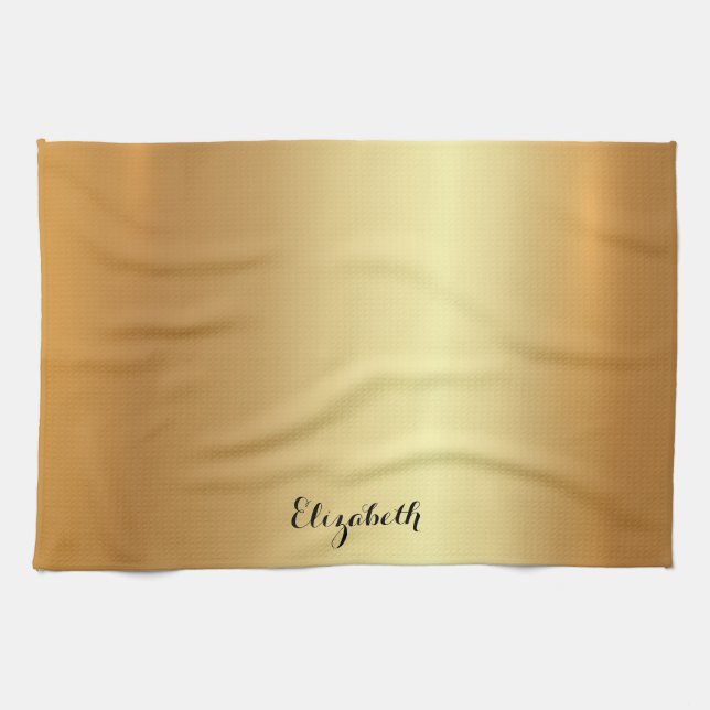 Calligraphy Script Name Stylish Black And Gold Tea Towel (Horizontal)