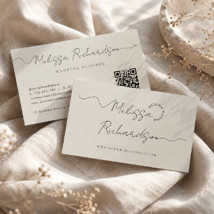 Calligraphy Script Neutral Taupe QR Code Business Card