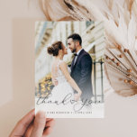 calligraphy script newlyweds wedding photo thank you card<br><div class="desc">black calligraphy overlay design with a lovely photo of the newlyweds,  the image and text can be personalised.</div>