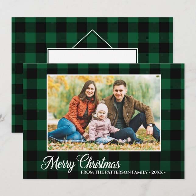 Calligraphy Script Photo Green Plaid Christmas Card (Front/Back)