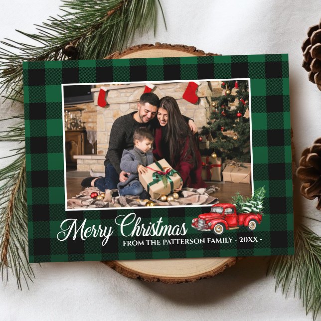 Calligraphy Script Photo Green Plaid Red Truck Postcard (Two sided Holiday Postcard.)