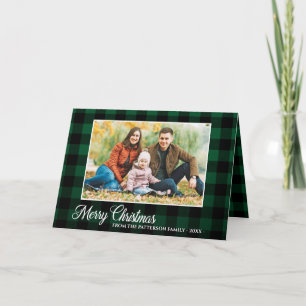 Calligraphy Script Photo Green Plaid Tartan Folded Holiday Card