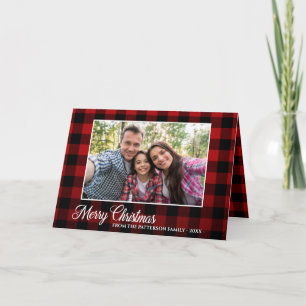 Calligraphy Script Photo Red Plaid Tartan Folded Holiday Card