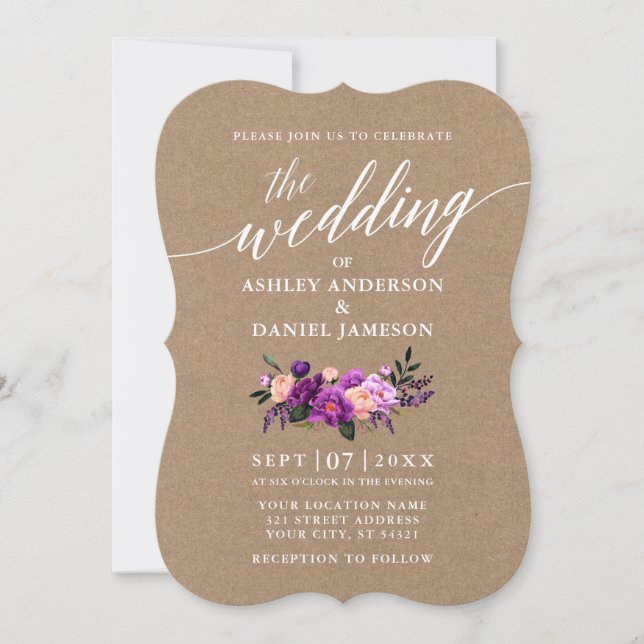 Calligraphy Script Purple Floral Wedding Kraft Invitation (Front)