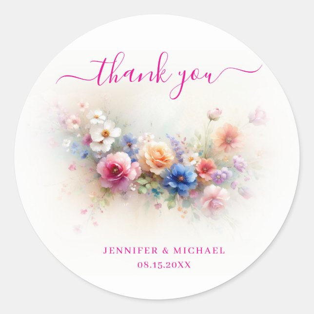 Calligraphy Script Thank You Watercolor Flowers Classic Round Sticker (Front)
