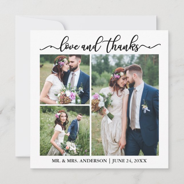 Calligraphy Script Wedding Collage 3 Photo Square Thank You Card (Front)