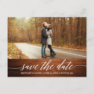 Calligraphy Script Wood Save The Date Photo Postcard