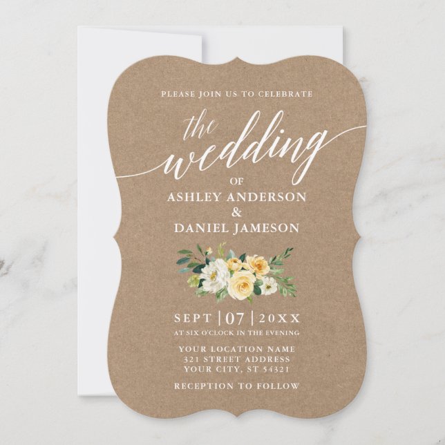 Calligraphy Script Yellow Floral Wedding Kraft Invitation (Front)