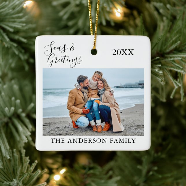 Calligraphy Seas and Greetings Photo Ceramic Ornament (Tree)
