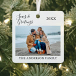 Calligraphy Seas and Greetings Photo Metal Tree Decoration<br><div class="desc">Modern Calligraphy Script Seas & Greetings Simple Minimalist Photo Ornament</div>