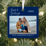 Calligraphy Seas and Greetings Photo Navy Blue Metal Tree Decoration<br><div class="desc">Modern Calligraphy Script Seas & Greetings Simple Minimalist Photo Metal Ornament - Navy Blue Background</div>