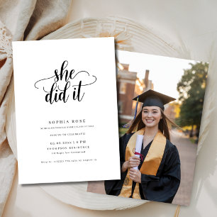 Calligraphy She Did It Minimalist Graduation Photo Invitation