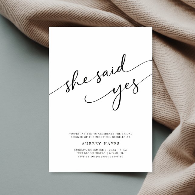 Calligraphy She Said Yes Minimalist Bridal Shower Invitation (Creator Uploaded)