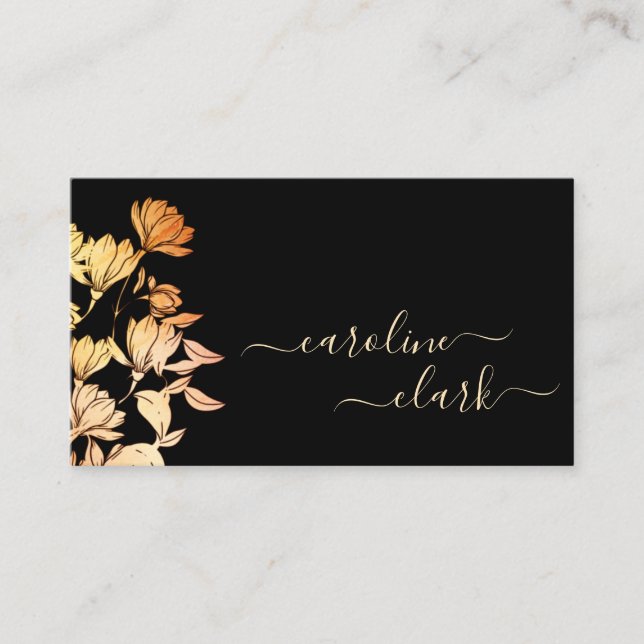 Calligraphy Signature Elegant Floral Black Orange Business Card (Front)
