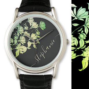 Calligraphy Signature Elegant Floral Green Black  Watch