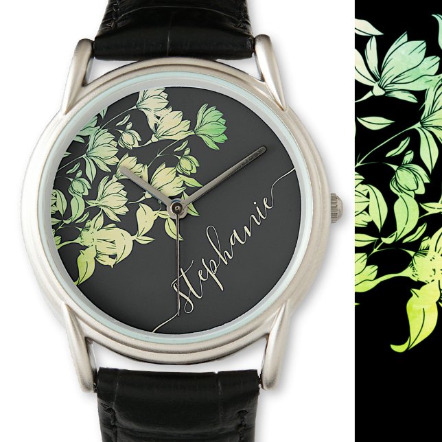 Calligraphy Signature Elegant Floral Green Black  Watch (Creator Uploaded)