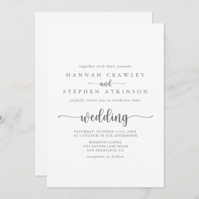 Calligraphy Silver Front & Back Wedding  Invitation (Front/Back)