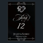 Calligraphy & Silver Heart - Black Table Number<br><div class="desc">The design features an elegant black background embellished with scroll borders, a heart and placeholders for the table number, couple's names and date of event. Available in several colors for your wedding theme. (Glitter is simulated in the artwork). Designed to coordinate with the Romantic Scroll Hearts & Calligraphy Wedding Collection....</div>