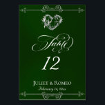 Calligraphy & Silver Heart - Emerald Table Number<br><div class="desc">The design features an elegant emerald green background embellished with scroll borders, a heart and placeholders for the table number, couple's names and date of event. Available in several colors for your wedding theme. Designed to coordinate with the Romantic Scroll Hearts & Calligraphy Wedding Collection. To change details, click «Personalize»....</div>
