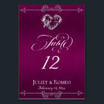 Calligraphy & Silver Heart - Plum Table Number<br><div class="desc">The design features an elegant plum (purple) background embellished with scroll borders, a heart and placeholders for the table number, couple's names and date of event. Available in several colors for your wedding theme. (Glitter is simulated in the artwork). Designed to coordinate with the Romantic Scroll Hearts & Calligraphy Wedding...</div>