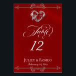 Calligraphy & Silver Heart - Red Table Number<br><div class="desc">The design features an elegant crimson red background embellished with scroll borders, a heart and placeholders for the table number, couple's names and date of event. Available in several colors for your wedding theme. (Glitter is simulated in the artwork). Designed to coordinate with the Romantic Scroll Hearts & Calligraphy Wedding...</div>