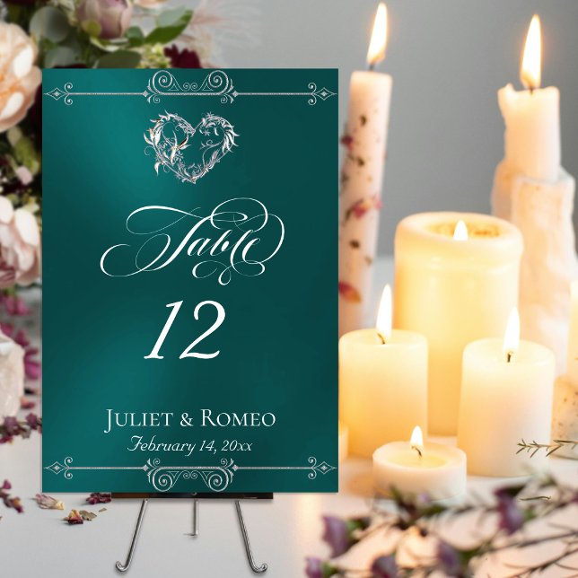 Calligraphy & Silver Heart - Teal Table Number (Creator Uploaded)