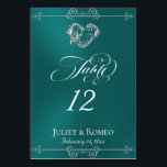 Calligraphy & Silver Heart - Teal Table Number<br><div class="desc">The design features an elegant teal background embellished with scroll borders, a heart and placeholders for the table number, couple's names and date of event. Available in several colors for your wedding theme. Designed to coordinate with the Romantic Scroll Hearts & Calligraphy Wedding Collection. To change details, click «Personalize». To...</div>
