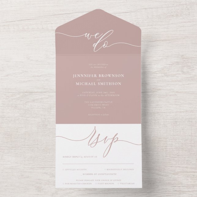 Calligraphy Simple blush pink dust rose Wedding All In One Invitation (Inside)