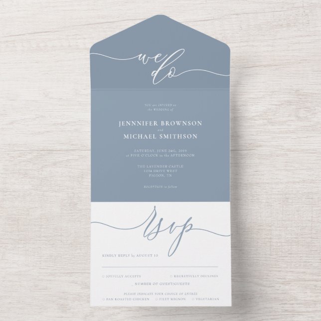 Calligraphy Simple dust blue Wedding All In One Invitation (Inside)