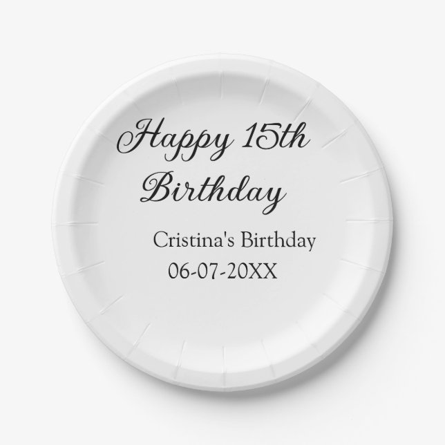 calligraphy simple minimal happy 15th birthday paper plate (Front)