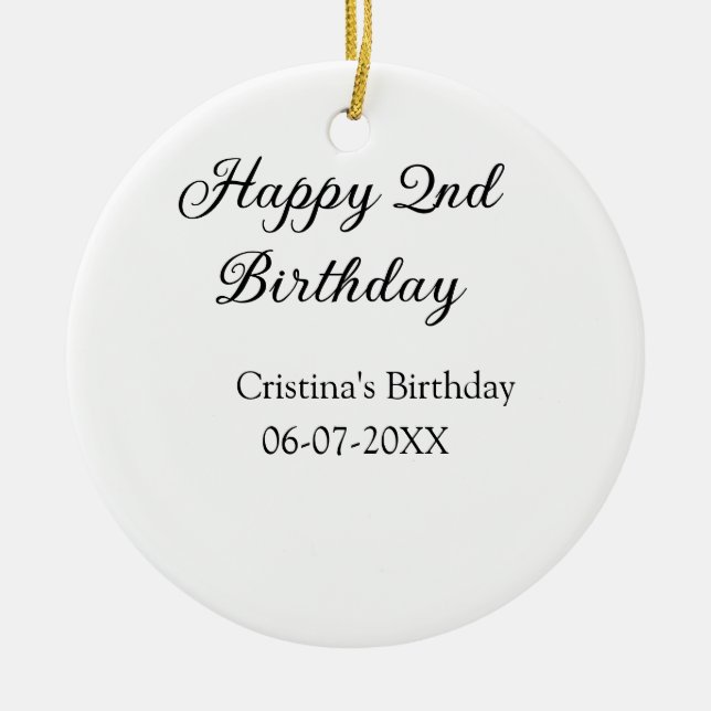 calligraphy simple minimal happy 2nd birthday ceramic tree decoration (Front)
