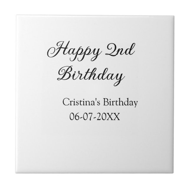 calligraphy simple minimal happy 2nd birthday tile (Front)