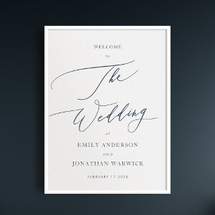 Calligraphy Simple Navy Blue Wedding Welcome Poster