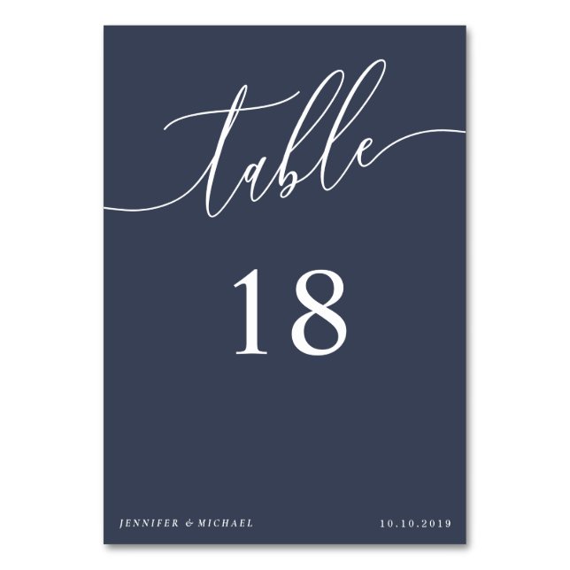 Calligraphy Simple Navy Script lettering seating Table Number (Front)